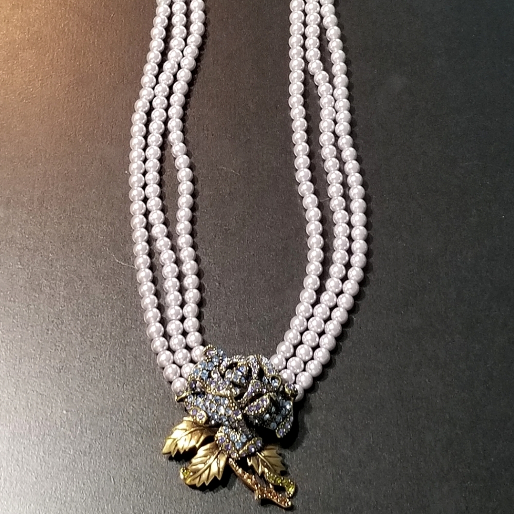 Heidi Daus Tanzanite Swarovski Crystal Rose w/ Triple Strand Blue Pearls